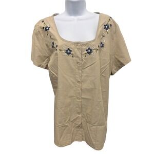 Faded Glory Khaki Floral Embroidered Square Neck Cotton Top Plus Size 22W 24W